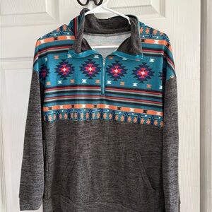Aztec Patterned Long Sleeve Top - Gray and Teal